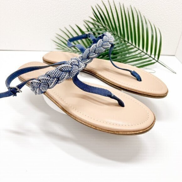 Draper James Blue Julianna Braided Embellished T-Strap Flat Sandals Size 10 - Picture 1 of 9